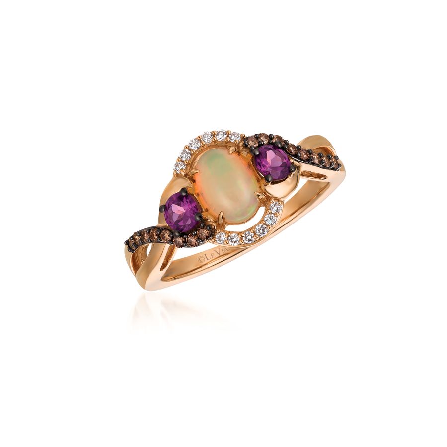 14K STRAWBERRY GOLD DIAMOND OPAL, RHODOLITE RING