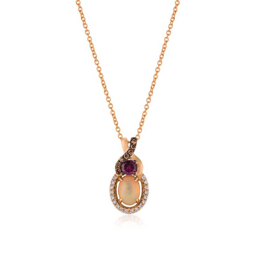 14K STRAWBERRY GOLD DIAMOND OPAL, RHODOLITE PENDAN