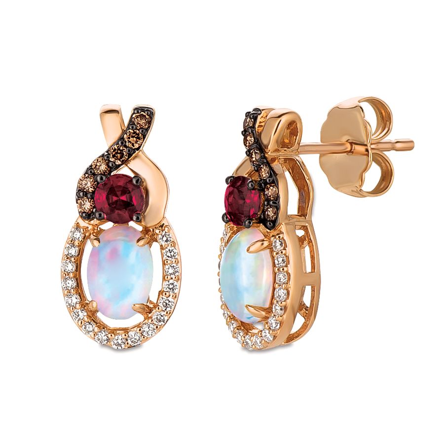 14K STRAWBERRY GOLD DIAMOND OPAL, RHODOLITE EARRIN