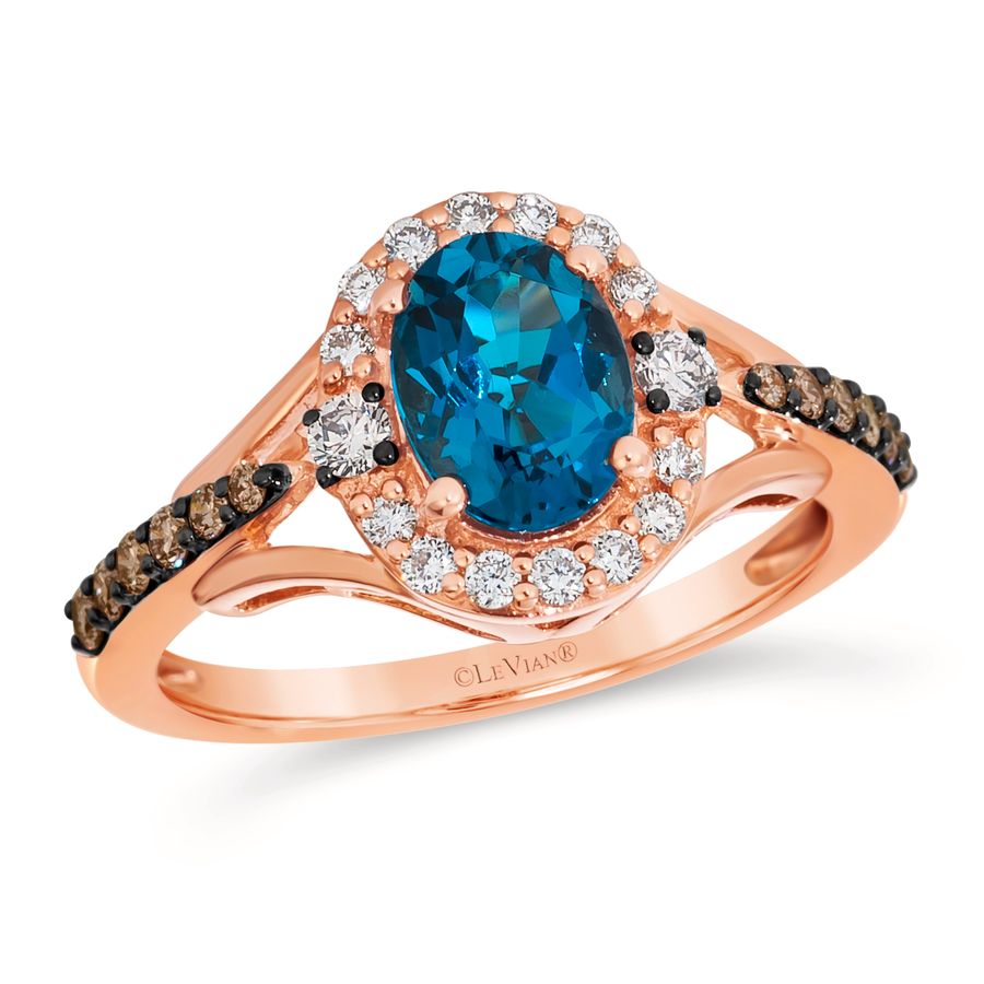 14K STRAWBERRY GOLD DIAMOND LONDON BLUE TOPAZ RING