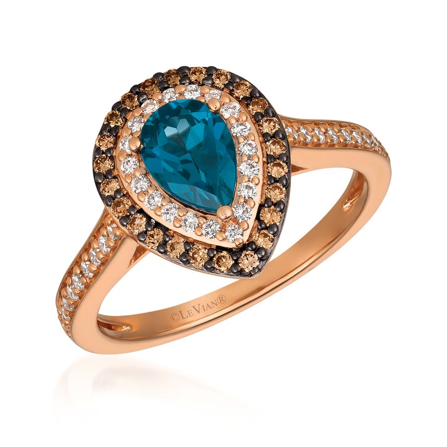 14K STRAWBERRY GOLD DIAMOND LONDON BLUE TOPAZ RING