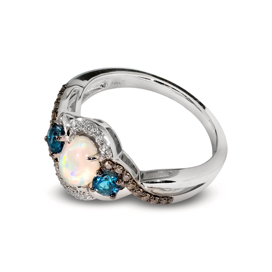 14K WHITE GOLD DIAMOND OPAL, LONDON BLUE TOPAZ RIN