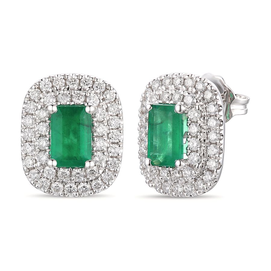 14K WHITE GOLD DIAMOND NEW EMERALD EARRINGS