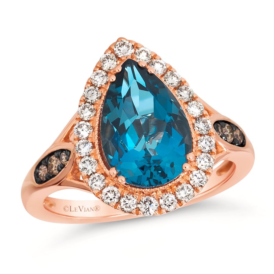 14K STRAWBERRY GOLD DIAMOND LONDON BLUE TOPAZ RING
