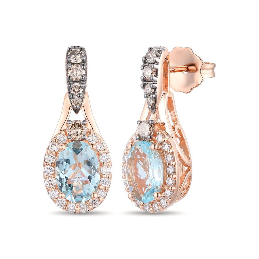 14K STRAWBERRY GOLD DIAMOND AQUAMARINE EARRINGS