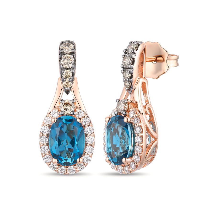 14K STRAWBERRY GOLD DIAMOND LONDON BLUE TOPAZ EARR