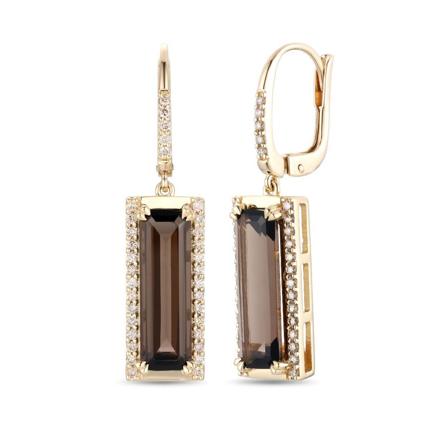 14K YELLOW GOLD DIAMOND SMOKY QUARTZ EARRINGS