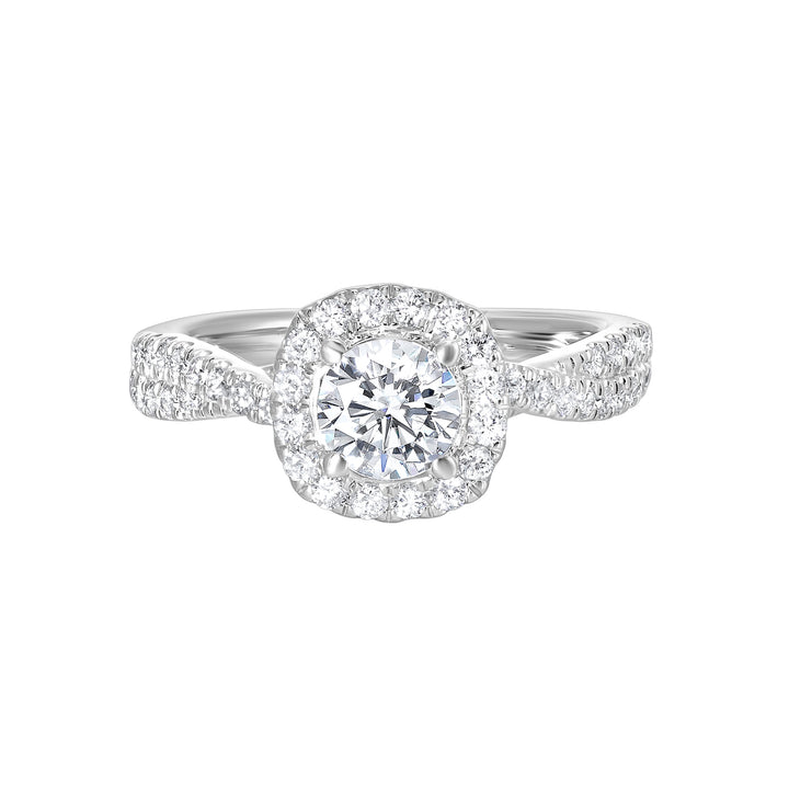 Pave diamonds embellish the loose twisted band. To top it off, diamonds in softer cushion halo  surround this mesmerizing diamond center.