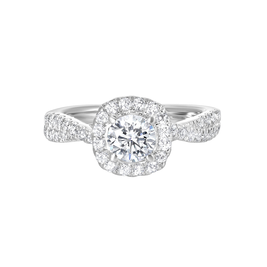 Pave diamonds embellish the loose twisted band. To top it off,  diamonds in softer cushion halo  surround this mesmerizing diamond center.