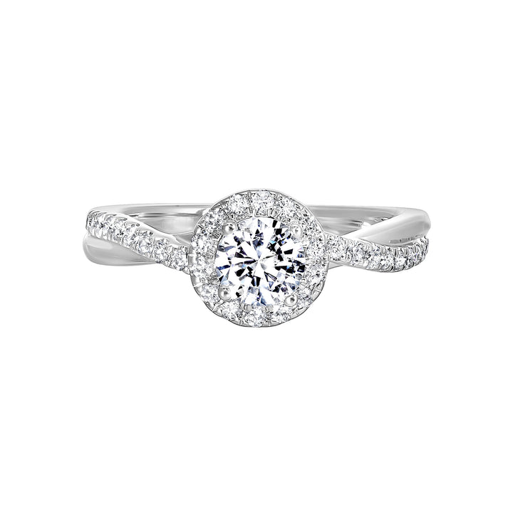 This feminine, modern diamond halo engagement ring features two strands, one with metal and one with pave diamonds intertwined in love.