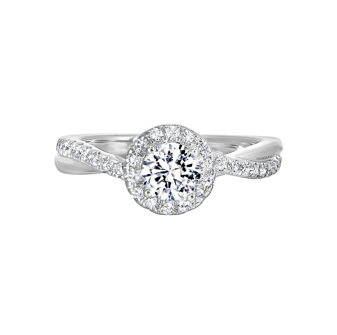 This feminine,  modern diamond halo engagement ring features two strands,  one with metal and one with pave diamonds intertwined in love.