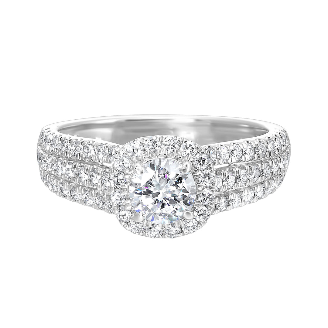 Tell your unique love story with this beautiful cushion halo engagement ring. Ring shank is split into three rows of diamonds,  making this halo engagement ring sparkle even brighter.