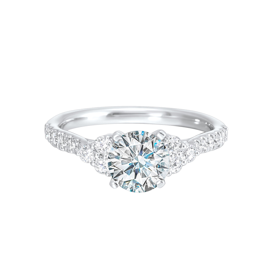 A trio of round diamonds on either side of the solitaire followed by a diamond studded shank,  this ring is sure to impress her.