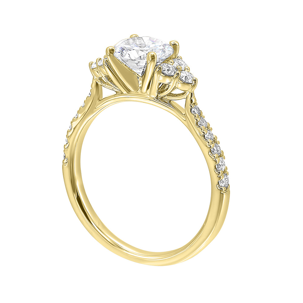 A trio of round diamonds on either side of the solitaire followed by a diamond studded shank, this ring is sure to impress her.