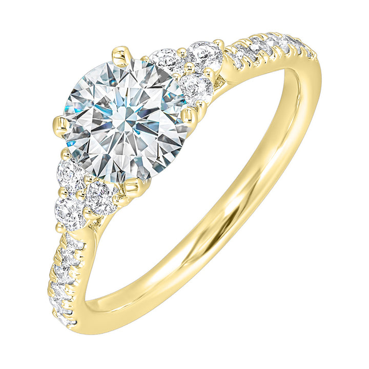 A trio of round diamonds on either side of the solitaire followed by a diamond studded shank, this ring is sure to impress her.