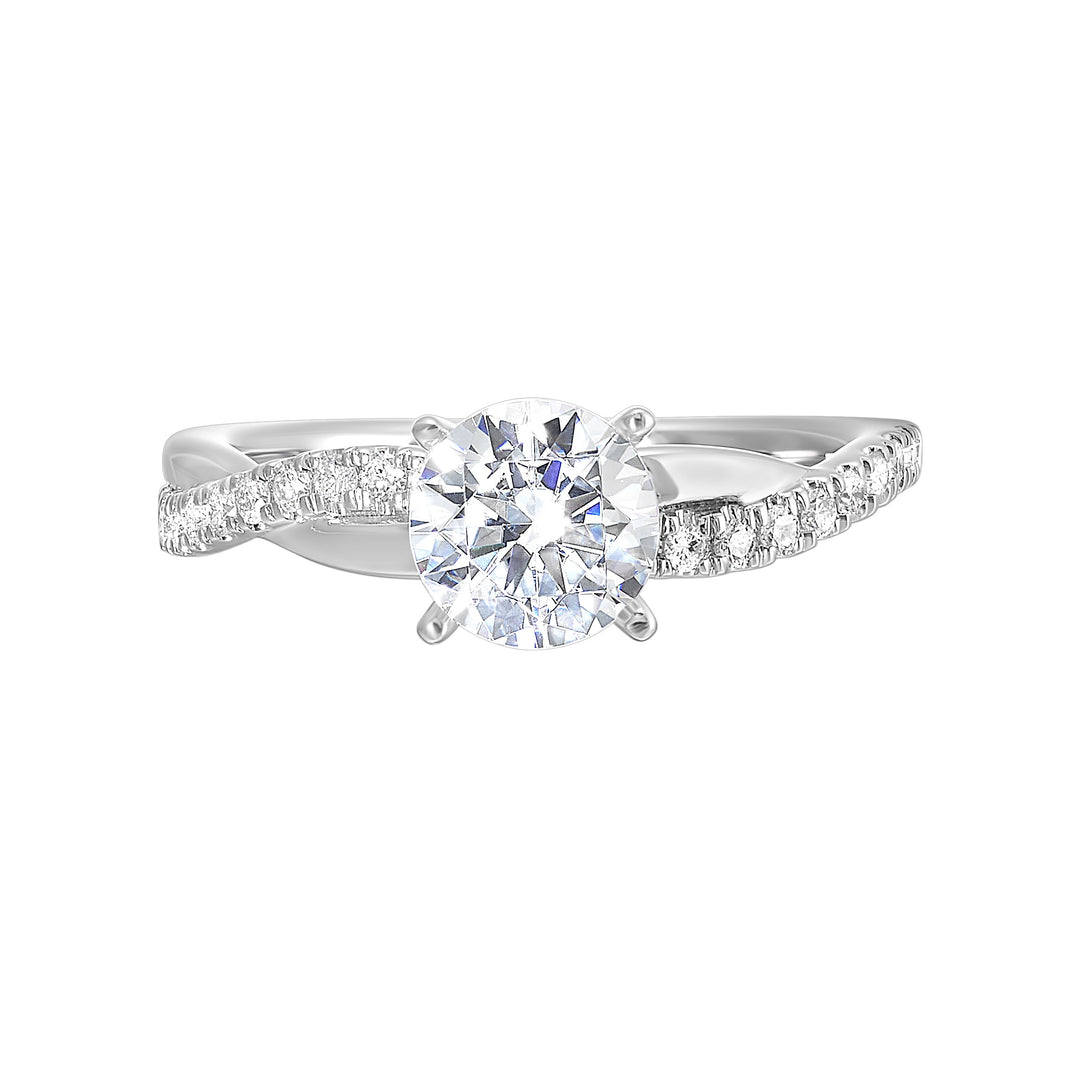 A stunning solitaire,  embraced by a criss cross shank adorned with alternating flow of dazzling diamonds is sure to captivate her look.