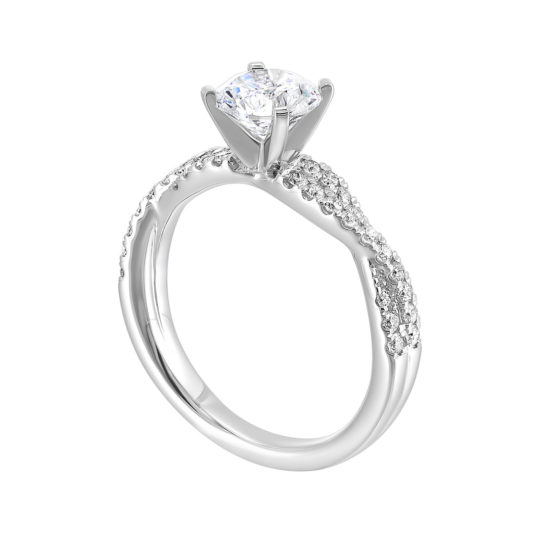 A dazzling masterpiece, this radiant engagement ring will take her breath away. This contemporary rope style engagement ring features two woven pave diamond bands.
