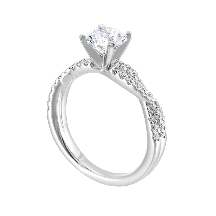 A dazzling masterpiece, this radiant engagement ring will take her breath away. This contemporary rope style engagement ring features two woven pave diamond bands.