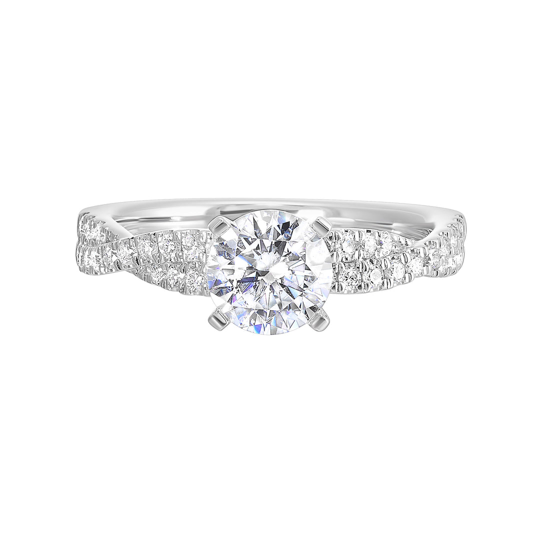 A dazzling masterpiece,  this radiant engagement ring will take her breath away. This contemporary rope style engagement ring features two woven pave diamond bands.