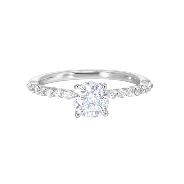This lovely engagement ring consists of brilliant cut center diamond with single prong set diamonds along the shank and  finishing touches of added diamonds details in front.