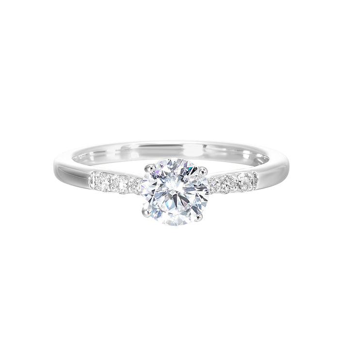 Complement your center diamond perfectly with accented pave-set diamonds along the shoulders of the shank.