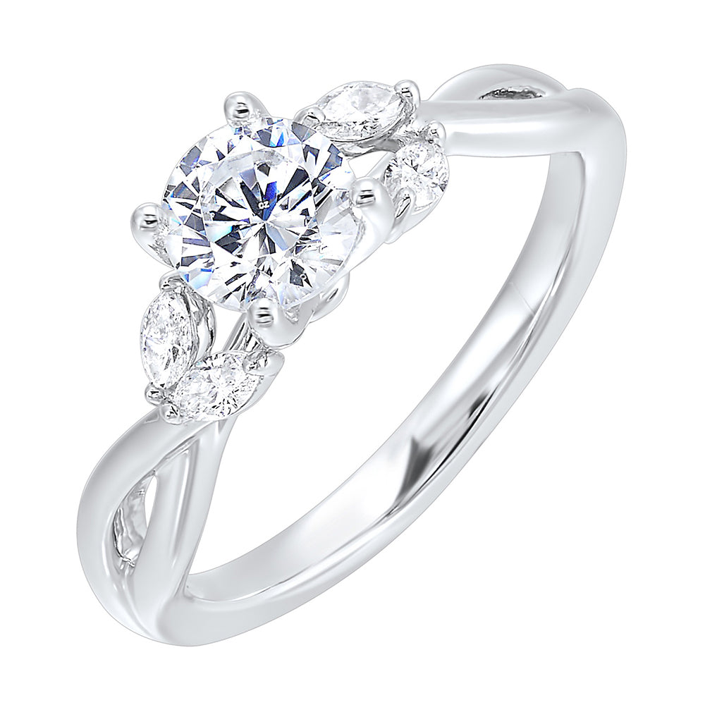 Gorgeous three stone twist engagement ring with added marquise on the shoulders highlights the center further.