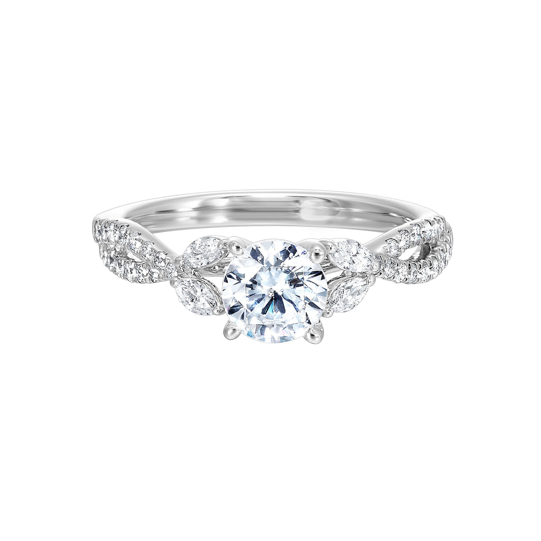 Embraced by a criss cross shank of pave diamonds. Two marquise diamond crown the band, adding a touch of unexpected elegance and a modern twist to this solitaire ring.