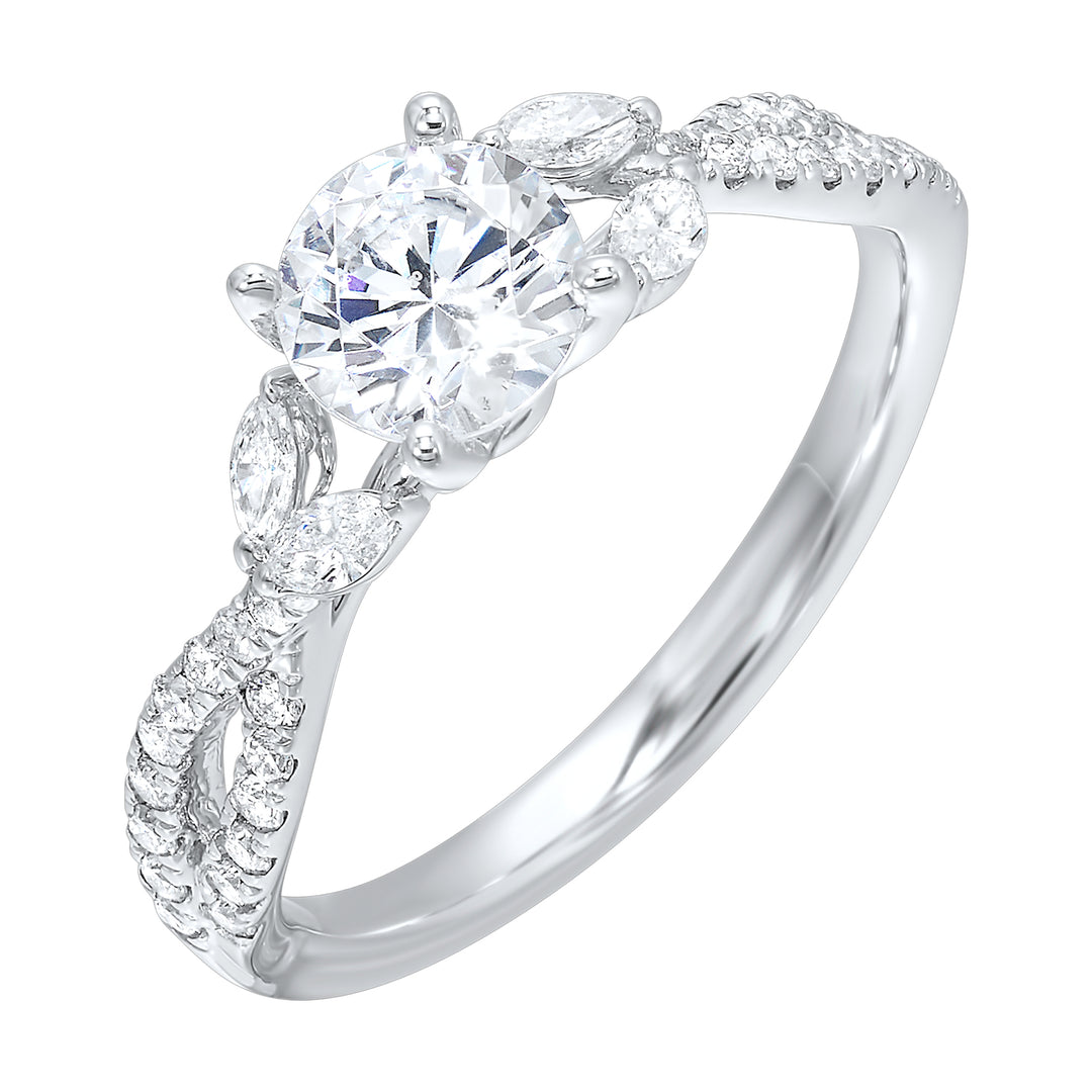 Embraced by a criss cross shank of pave diamonds. Two marquise diamond crown the band, adding a touch of unexpected elegance and a modern twist to this solitaire ring.