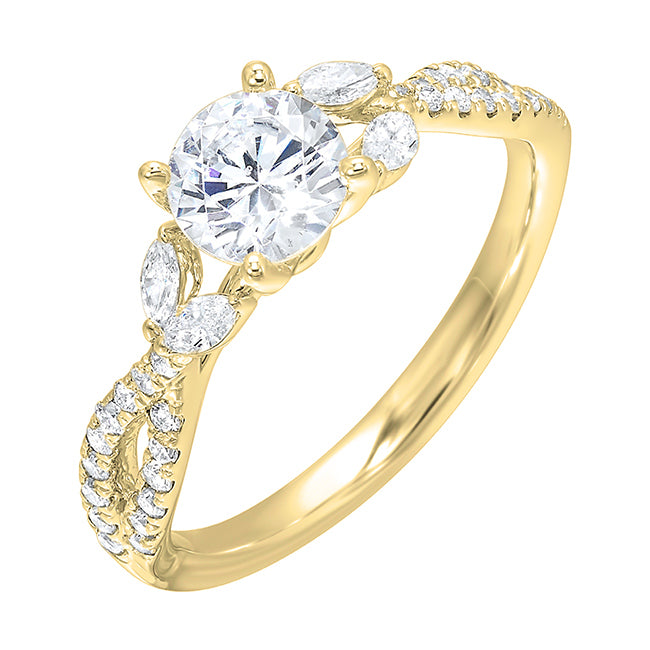 Embraced by a criss cross shank of pave diamonds. Two marquise diamond crown the band, adding a touch of unexpected elegance and a modern twist to this solitaire ring.