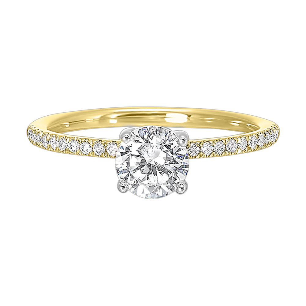 A solitaire ring features a delicate micro pave diamond shank,  adding a touch of brilliance,  is a timeless classic choice.