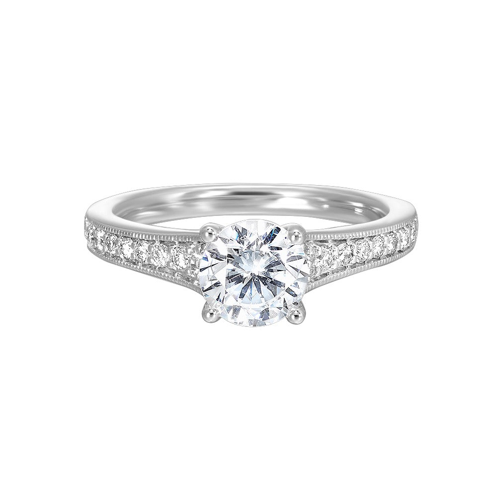 Reverse tapered shank with milgrain on both the sides perfectly compliments the center stone to create a beautiful and elegant look.