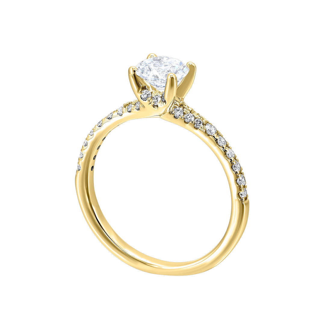 A showcase of sleek tapered pave diamonds enshrines this engagement ring with bigger solitare center.