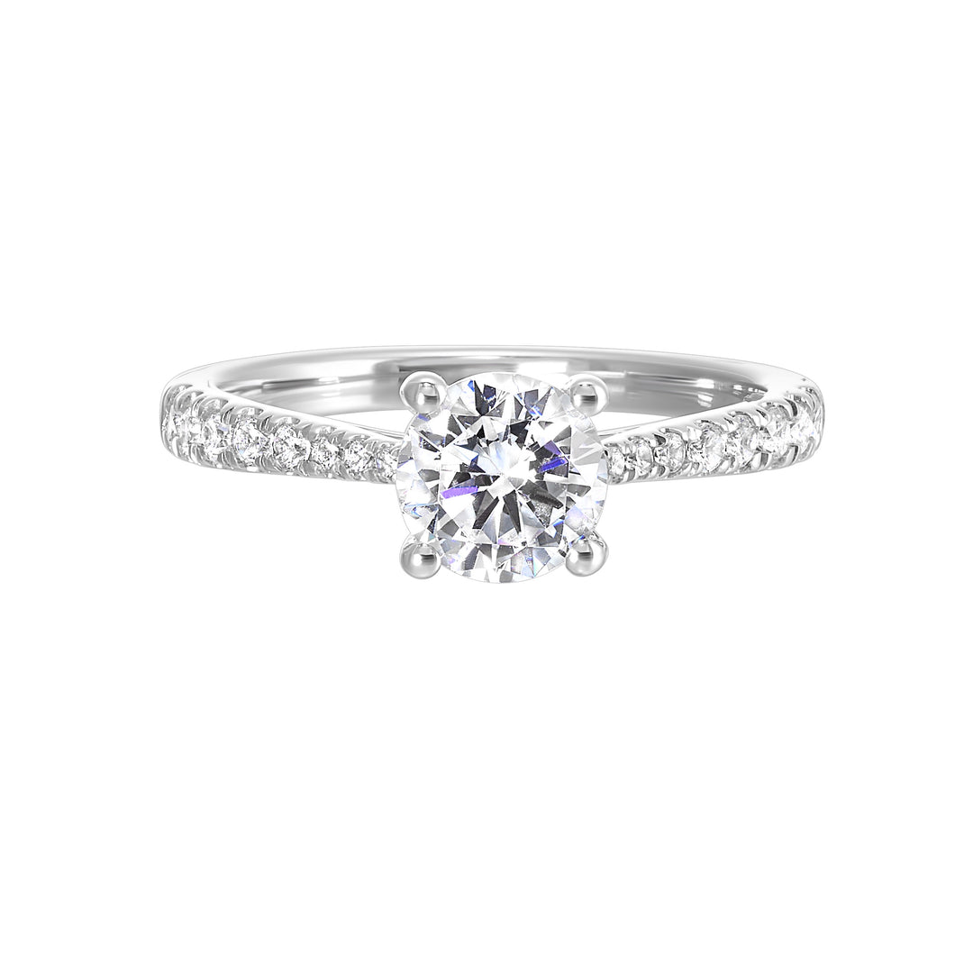 Delicate pave diamonds pinched towards the top add a touch of modern look,  highlighting the solitare even further.