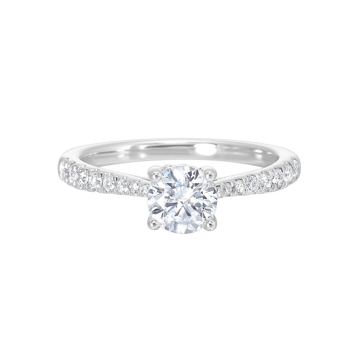 Reverse tapered band on this solitaire engagement ring draws your eye to the sparkling round solitare making it the focal point.