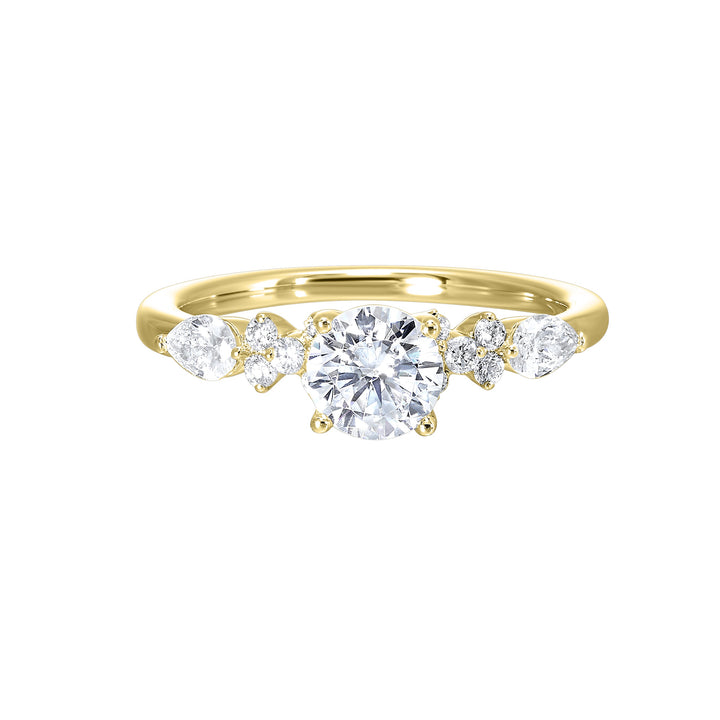 Eye-catching and glamorous, this ring features a cluster of diamonds that surround either side of the center stone with added glitter of fancy.