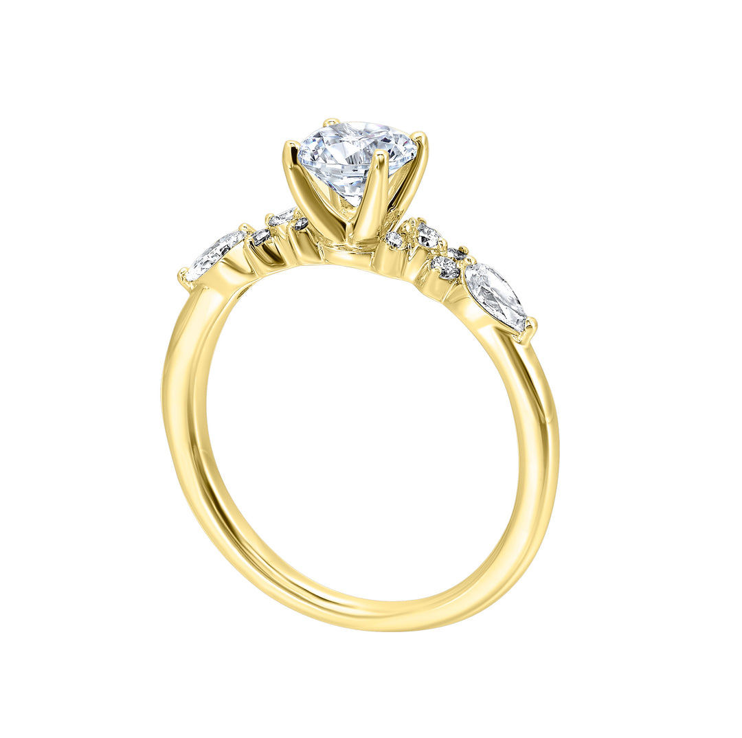 Eye-catching and glamorous, this ring features a cluster of diamonds that surround either side of the center stone with added glitter of fancy.