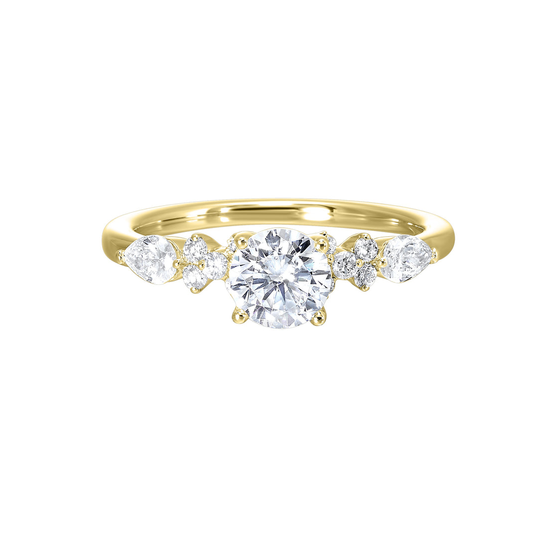 Eye-catching and glamorous,  this ring features a cluster of diamonds that surround either side of the center stone with added glitter of fancy.