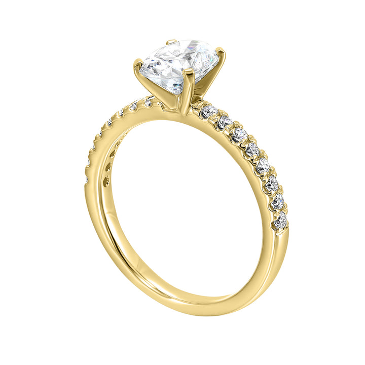 Oval center with pave set diamonds in shank makes this ring shine further.