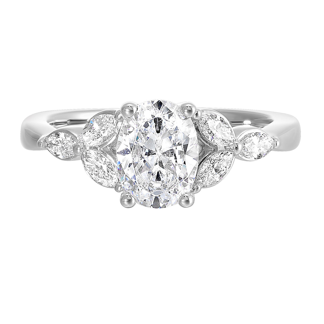 Elongated oval diamond takes center stage, framed by graceful trinity of marquise diamonds set on either side followed by a pinch shank is sure to flatten her.