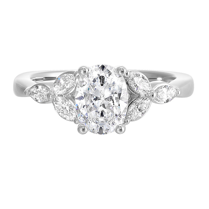 Elongated oval diamond takes center stage, framed by graceful trinity of marquise diamonds set on either side followed by a pinch shank is sure to flatten her.