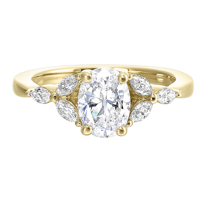 Elongated oval diamond takes center stage, framed by graceful trinity of marquise diamonds set on either side followed by a pinch shank is sure to flatten her.