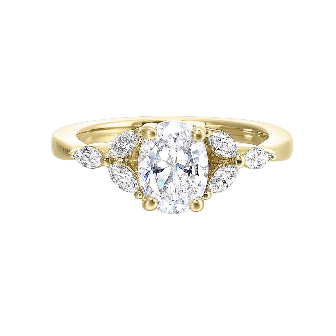 Elongated oval diamond takes center stage, framed by graceful trinity of marquise diamonds set on either side followed by a pinch shank is sure to flatten her.