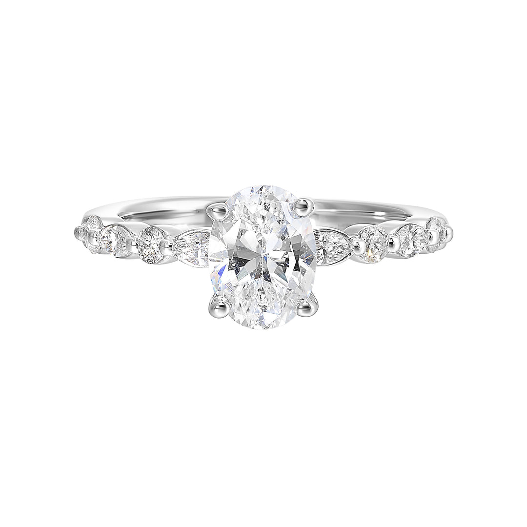 A magnificent oval diamond takes center stage,  framed by a breathtaking alternation of fancy and round diamonds is sure to delight her.