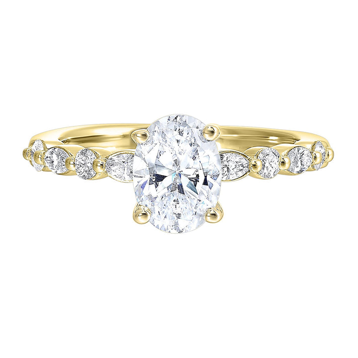 A magnificent oval diamond takes center stage, framed by a breathtaking alternation of fancy and round diamonds is sure to delight her.