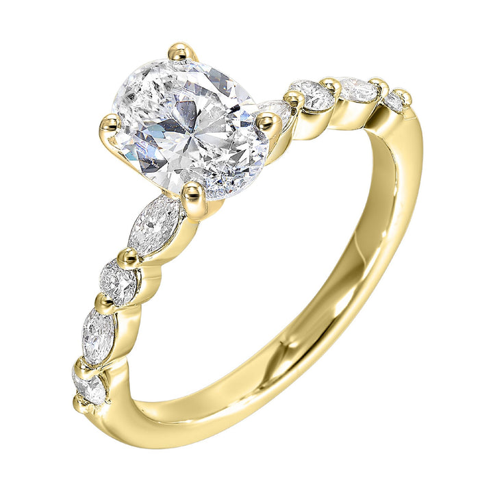 A magnificent oval diamond takes center stage, framed by a breathtaking alternation of fancy and round diamonds is sure to delight her.