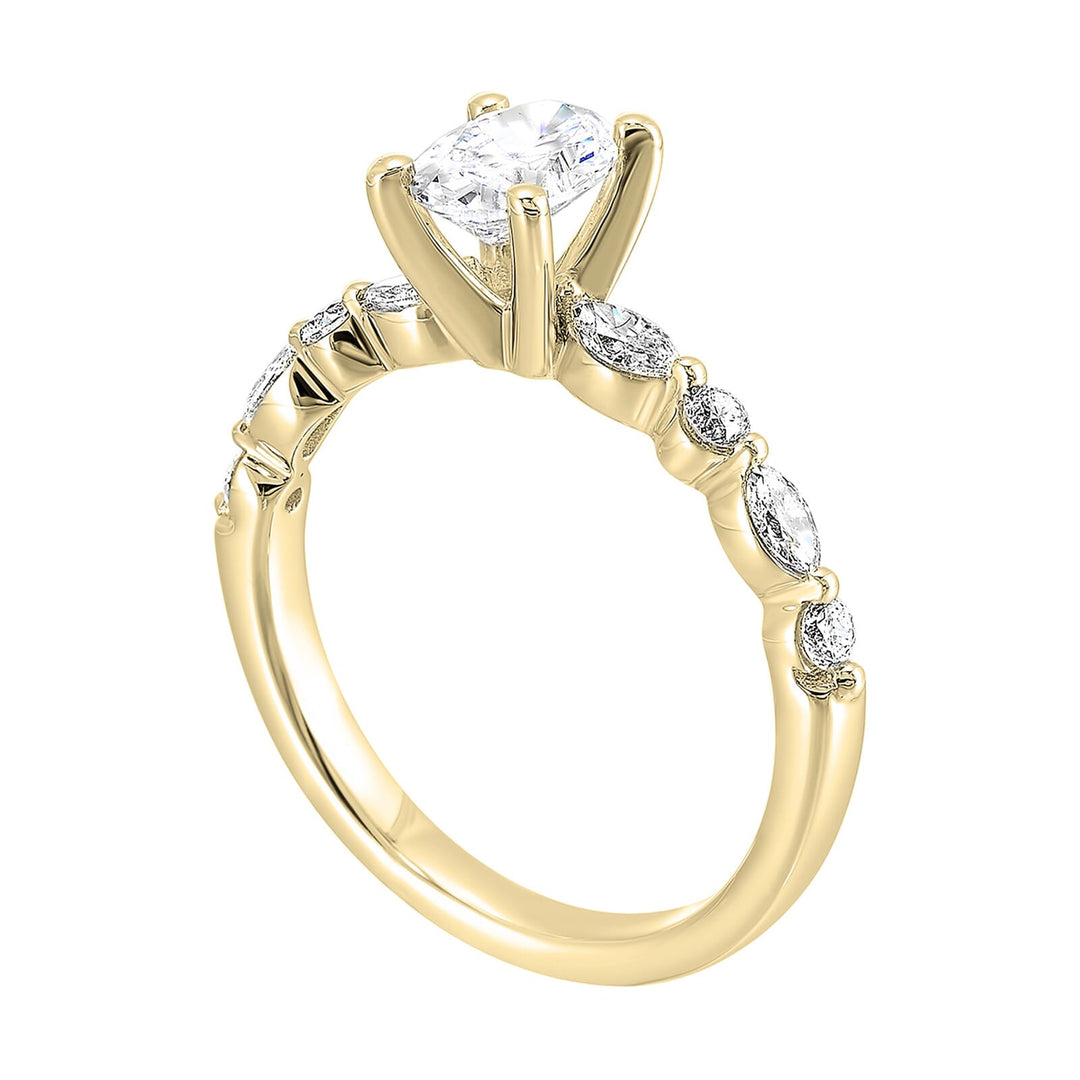A magnificent oval diamond takes center stage, framed by a breathtaking alternation of fancy and round diamonds is sure to delight her.
