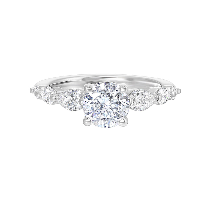 Round solitaire meets graduating pear cut diamonds set in common prongs blending classic elegance with contemporary style.