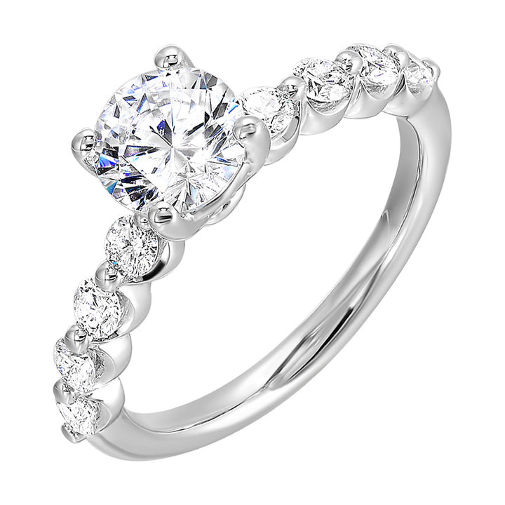 This lovely solitare ring is accented with bigger accent diamonds along the shank showcases the timeless love.