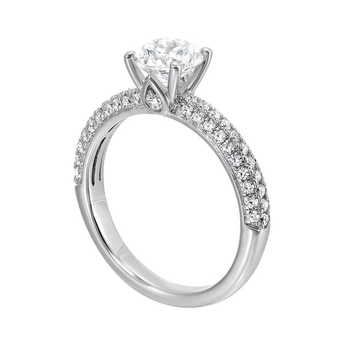 Micro-pave diamonds shimmer from every angle of this doomed engagement ring encrusted with 3 rows of diamonds with added glitter of solitare