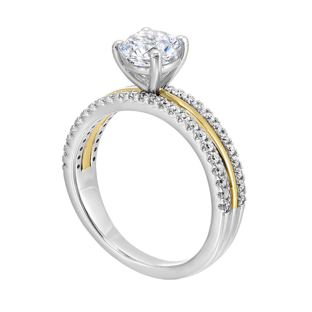 Divided into three distinct rows, this magnificient wide band solitare ring mixes with ease. The broad shank features a central row of metal with adjacent rows of diamonds.